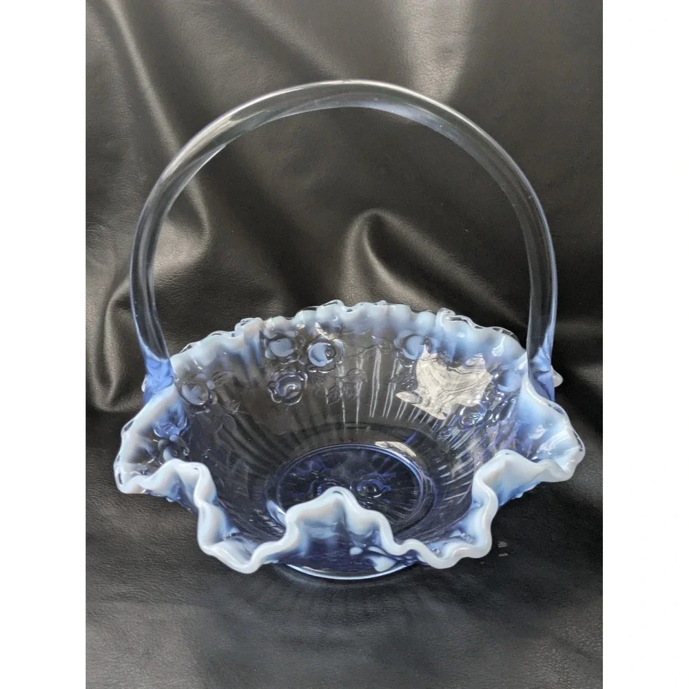 Fenton Glass Bride Basket Raffled Lavender Blue Opalescent Cabbage Rose 7.5 Inch